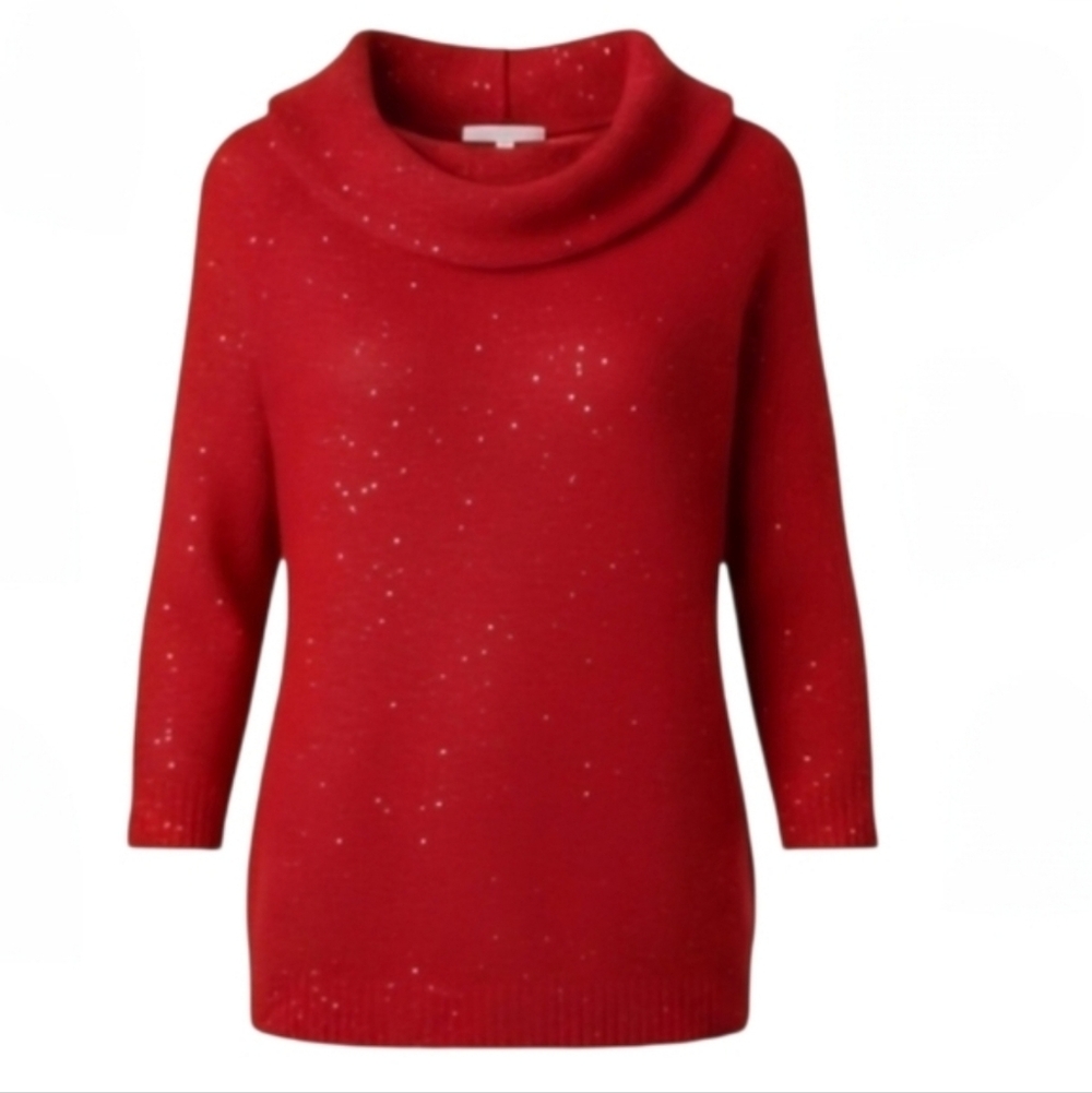 Madison Red Sequin Cowl Neck Sweater Small 3/4 Sleeves Pullover - Picture 7 of 16